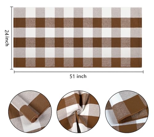 Coffee and White Outdoor Rug 24''x51''Checkered Plaid Front Porch Rug Cotton Woven Washable Door Mat Outdoor for Layered Doormat Hello Welcome Door Mat Kitchen Farmhouse Entryway - color: Coffee, size: 24''x 51''