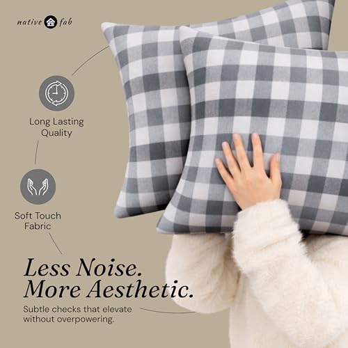 Native Fab Throw Pillow Covers 2 Pack, 16x16 Inches, 100% Cotton, Woven Gingham Plaid, Premium Decorative Cushion Cases, Modern Farmhouse Decor for Living Room, Sofa, Couch, Stone & Charcoal Grey - color: Gingham Stone & Charcoal Grey, size: 16" x 16" (Pa