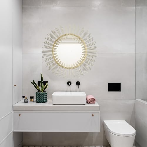 Edvivi Round 31" Antique Gold Sunburst Hanging Wall Mirror with Metal Frame, Decorative Mirror for the Living Room, Bedroom, Bathroom, Hallway, and Entryway - color: Gold