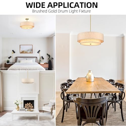 Gold Modern Chandelier 18'' Drum Pendant Light with Fabric Lampshade Hanging Light Fixture 3-Light Farmhouse Chandeliers for Dining Room Bedroom Kitchen Hallway Foyer - color: 18" Fabric Gold