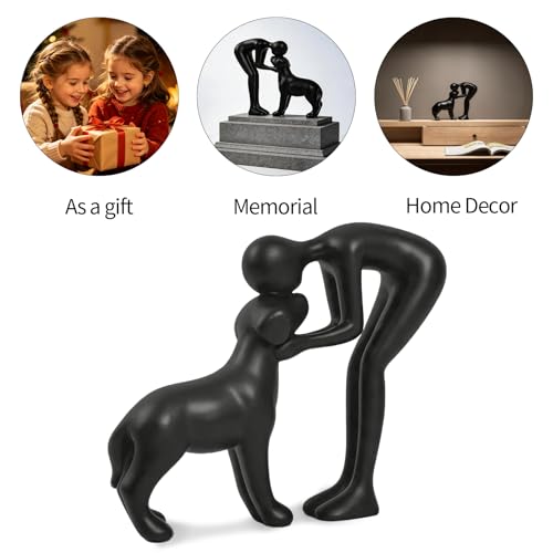 Abstract Resin Hand-Painted Sculpture of Person and Dog Bonding – Head-to-Head Intimate Figurine Decoration for Office、Living Room、Bedroom、Home， Memory Gifts for Pet Lovers (Black) - color: Black
