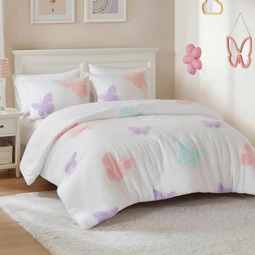 Intelligent Design Kids Rio Full/Queen Duvet Set – Girls’ Reversible Tufted Chenille Bedding with Pastel Purple Butterflies and Pink Dot, 3pcs - color: Multicolor, size: Full/ Queen