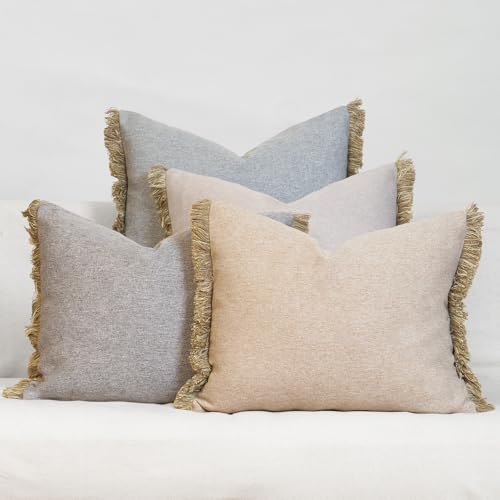 Decorative Throw Pillow Covers, Set of 4, 16x20 Inch Lumbar Beige Fringed Linen Accent Pillow Covers, Light Grey - color: Light Gray