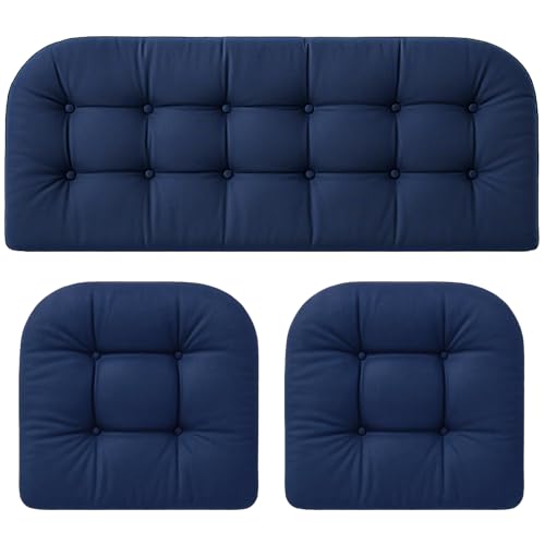 Barydat 3 Pack Wicker Furniture Cushions Waterproof Outdoor/Indoor Tufted Wicker Chair Cushions 1 Loveseat and 2 U-Shape Rattan Chairs for Patio Furniture, Rattan Love Seat, Bench(Navy Blue) - color: Navy Blue