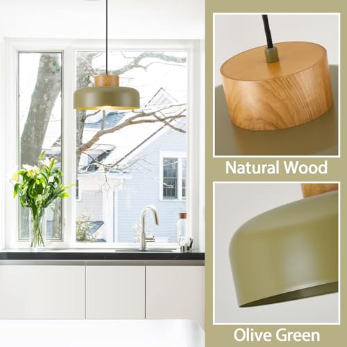 Mid-Century Modern Pendant Light,12.6" Natural Wood & Olive Green Metal Shade,Adjustable Kitchen Island Dining Room Lighting Fixture - color: Olive Green, size: 12.6 inches