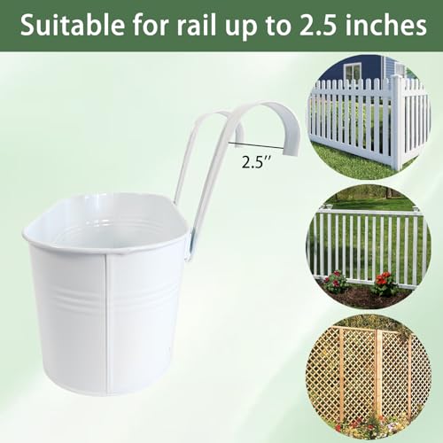 10" Hanging Flower Pots, Pack of 2 White Metal Outdoor Patio Balcony Planter, Railing Planters Fence Pot with Detachable Hook & Drainage Hole for Small Plants (White, 2Pcs) - color: White