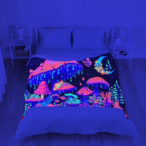 Blacklight Mushroom Throw Blankets Glow in the Dark Black Light Plant Throw Fantasy UV Reactive Mushroom Butterfly Moon Blanket Cute Throw for Bedroom Dorm Decor 59”x51” - color: Bl Mushroom Sky