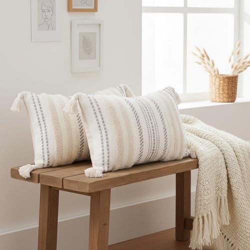 decorUhome Summer Decorative Boho Throw Pillow Covers 20x20 Set of 2, Accent Neutral Textured Tufted Pillow Covers Striped for Couch Bed Sofa Living Room, Beige and Cream White - color: Beige and Cream White, size: 20" x 20" (Pack of 2)