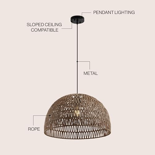 JONATHAN Y 20" Brown Modern Bohemian Woven Rope LED Pendant Light Fixture, Adjustable Dome Ceiling Lamp for Kitchen Island, Rope Shade, Coastal Farmhouse Decor (JYL6504F) - color: Brown, size: 20"