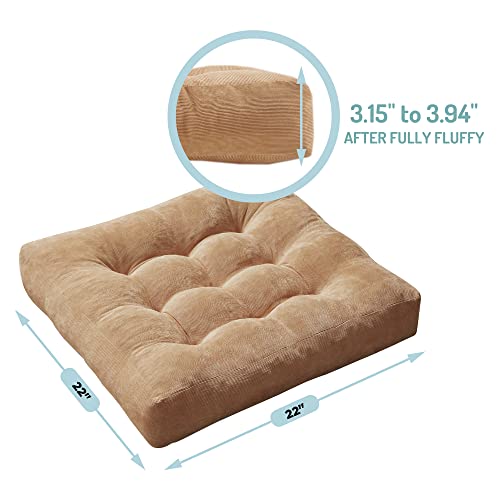 Meditation Floor Pillow Set of 2, Square Large Pillows Seating for Adults, Tufted Corduroy Cushion for Living Room Tatami, Coffee Brown 22x22 Inch - color: Square | Coffee | 2 Pack, size: 2 Pack