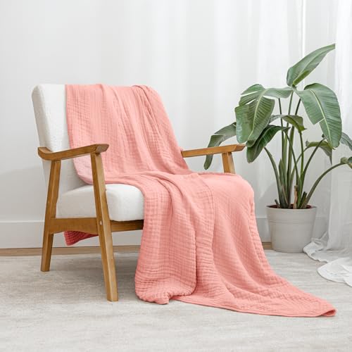 Comfy Cubs Muslin Throw Blanket - 50” x 60” Quilted Design - Lightweight, Breathable 6-Layer Gauze Fabric - Soft Cotton Blanket for Home or Travel - Packaged in Elegant Gift Box - Bold Blush - color: Bold Blush, size: Throw - 50" X 60"
