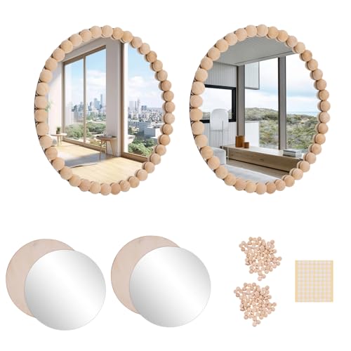 2 Set Boho Mirror Wall Décor DIY Kit, 8" Round Glass Mirror with Wood Beads, Rustic Farmhouse Decorative Wall Art for Living Room, Bedroom, Entryway (Assembly Required)