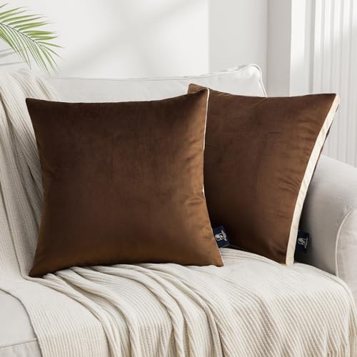 Phantoscope Pack of 2 Velvet Throw Pillow Covers, Decorative Soft Velvet Pillows Accent Double-Sided Gusseted Design, Square Cushion Case for Couch Sofa Bed, Deep Coffee, 18 x 18 inches 45 x 45 cm - color: Deep Coffee
