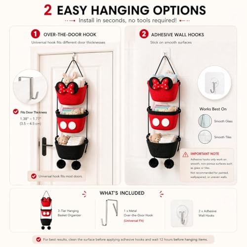 3 Tier Hanging Basket Organizer, Over the Door Woven Storage Baskets with Hooks, Cute Bow Wall Hanging Basket for Nursery Organization, Playroom Storage, Bathroom and Bedroom, Red Black