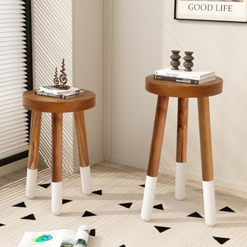 Teak 11.8" Round Dip Dyed Teak Stool | Wood Accent Side Table | Wood Plant Stand (24" Tall White) - color: 24" Tall White