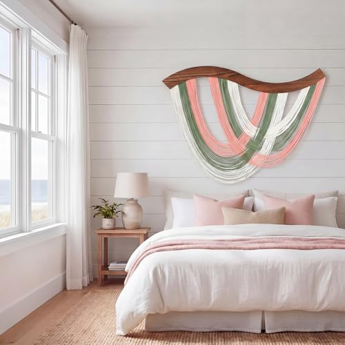 Mindsoft Blush Pink, Sage Green & White Macrame Wall Hanging Dip Dyed Yarn Wall Art, Boho Decor Handmade Cotton Rope Tapestry for Bedroom, Living Room, Nursery, 31.5 x 23.6 Inch - color: Fresh Neutral