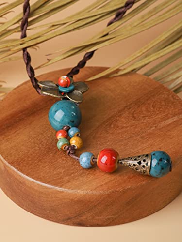 MINACHI Vintage Bohemian Colorful Ceramic Bead Antique Flower Y Necklace, Vintage Boho Hippie Statement Jewelry Gift for Women - color: S01A