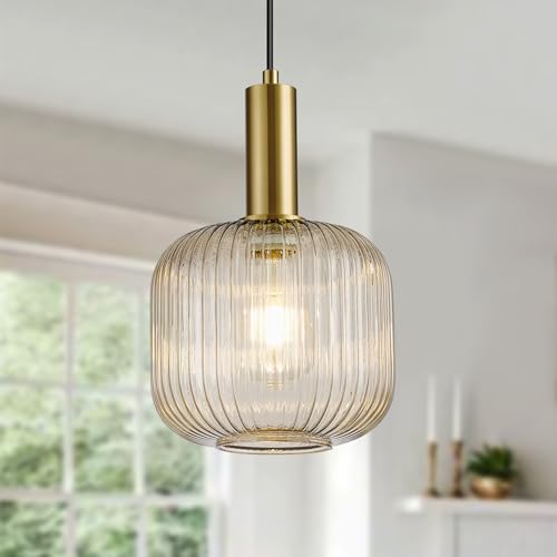 8 Inch Amber Glass Pendant Lights Small Modern Chandelier Pendant Lighting Mid Century Hanging Lights Adjustable Kitchen Island Light for Dining Room Bedroom Hallway - color: 8 Inch Amber