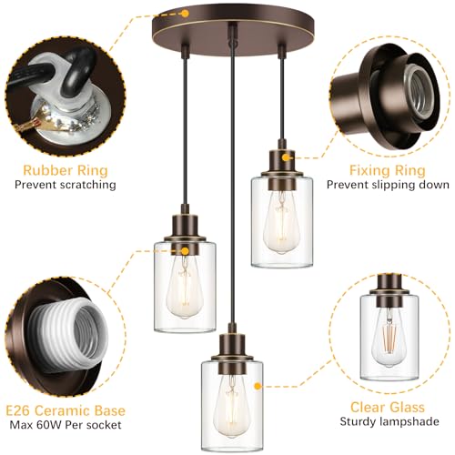 MAXvolador Industrial 3-Light Pendant Light, Adjustable Hanging Light Fixture with Clear Glass Shade, Pendant Lighting E26 Base Ceiling Lamp, Oil-Rubbed Bronze - color: Oil-Rubbed Bronze