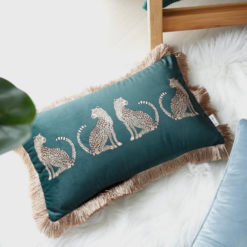 Lumbar Decorative Throw Pillow Cover with Tassels Leopard Pattern Cushion Cover Luxury Style Soft Velvet Pillowcase for Sofa Couch Bedroom (12"x20",Dark Green) - color: Dark Green, size: 20" x 12" (Pack of 1)