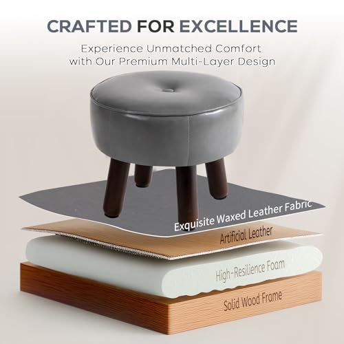 oakvivo Ottoman, Small Foot Stool, Round Leather Pouf Ottoman, 13''L x 13''W x 10.2''H Foot Rest with Non-Skid Rubber Legs for Living Room Bedroom Couch Entryway, Grey - color: Grey
