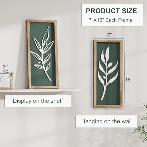 3D Tree Leaf Sage Green Boho Wall Art Lightweight (Set of 4), Minimalist Botanical Farmhouse Wooden Framed Bathroom Wall Decor For Living Room Bedroom Kitchen Office Hallway Decorations - color: Tree leaf Green (Set of 4)