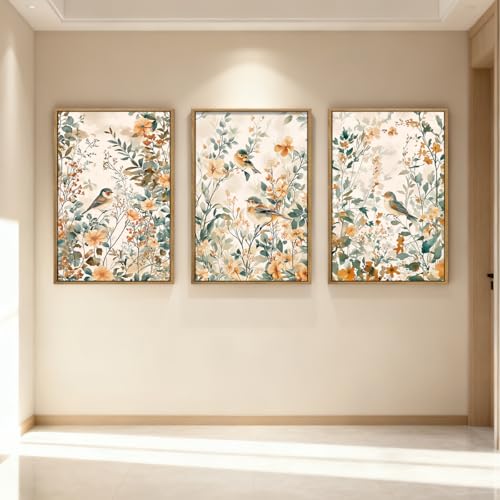 ANHUIB Large Vintage Floral Bird Framed Wall Art 16x24 Inch Beige Botanical Pictures Wall Decor Nature Wildflower Canvas Painting Set of 3 Retro Neutral Flower Artwork for Living Room Bedroom Barhroom - color: Floral Bird, size: 24"L x 16"W