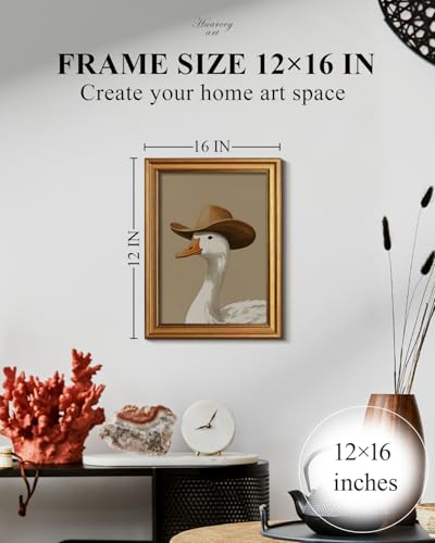 HUARCEY Gold Framed Vintage Wall Art for Living Room, Trendy Duck Canvas Print Wall Decor Maximalist Eclectic Artwork Gallery Picture Oil Painting Boho Western Cowboy Decor Bedroom Bathroom 12"x16" - color: Cowboy Duck, size: 16"L x 12"W