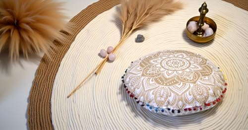 Round Mandala Floor Pillow Cover Seating Cushion Throw Cover Hippie Decorative Bohemian Ottoman Pouf Cover, Pom Pom Pillow Cases,Boho Indian 22 Inches (Gold) - color: Gold