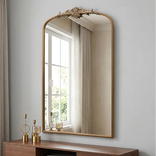 Besdomus Vintage Gold Arched Mirror: 24"x42" French Large Arch Brass Antique Wall Mounted Mirror - Traditional Ornate Home Decor for Entryway/Fireplace/Bathroom - Ideal for Bathroom Remodeling - color: Brass Gold, size: 42"L x 24"W