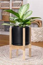 D'vine Dev Ceramic Planter with Natural Stand - 8 Inch Modern Round Flower Pot with Wood Planter Holder, Black, 55-B-N-2 - color: Black Pot + Natural Stand, size: 8 Inch