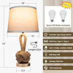 vallerico 22" Rope Lamps for Night Stands, Bedside Lamps Set of 2, 3-Color Temperatures Boho Lamp with Rotary Switch, Table Lamps for Living Room Bedroom, Rattan Lamp with USB Ports, Bulbs Included
