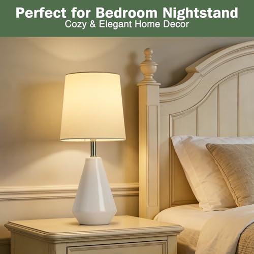 Small Bedside Table Lamp for Bedroom - Reading Desk Lamp with 3 Color Temperatures，15.5" Nightstand Ceramic Lamp with Fabric Shade for Kids Room,Living Room,Dorm,Home Office (White) - color: Milky White, size: 15.5"