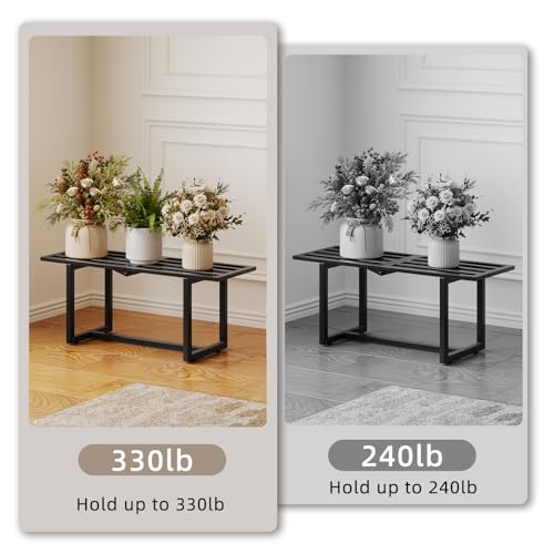 Plant Stand Indoor Outdoor, Foldable Metal Plant Shelf for Multiple Pots, Mid Century Slatted Bench for Patio Garden, Heavy Duty Capacity 330 lbs 2 Pack Black
