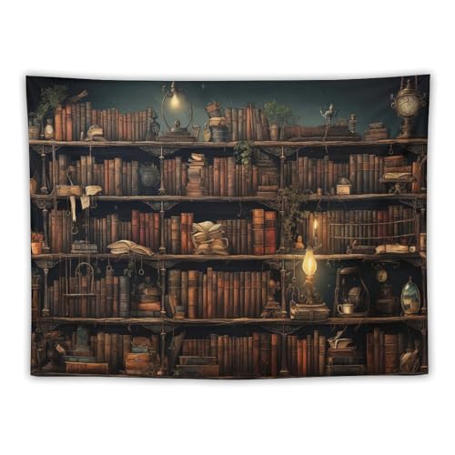 Houselerax Vintage Bookshelf Tapestry Library Wall Hanging Tapestries,Old Books on Shelf Classical Study Room Student Study College Dorm Bedroom Living Room 60"x40" - color: Bookshelf-5, size: W60xL40in