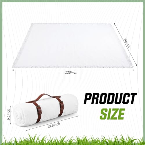 Frienda 70 x 120 Inch Extra Large White Outdoor Picnic Blanket Woven Cotton Yarn Blanket with Fringe and Leather Storage Strap Boho Decor for 8 to 12 Camping Lawn Wedding Photoshoot Beach Park Grass - color: White, size: 70 x 120 Inch