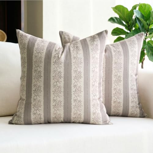 DOMVITUS Floral Pillow Covers 18x18 Inch Set of 2, Vintage Striped Block Print Decorative Throw Pillow Covers Neutral Farmhouse Boho Home Decor for Couch Sofa Bed Living Room, Light Gray - color: Light Gray, size: 18" x 18" (Pack of 2)