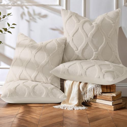 decorUhome Summer Set of 4 Beige Throw Pillow Covers 20x20 Inch, Neutral Decorative Soft Plush Faux Wool Couch Pillow Covers, Farmhouse Pillow Cases for Living Room Bed Sofa - color: Natural Beige, size: 20" x 20" (Pack of 4)