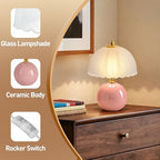 PARTPHONER Mushroom Table Lamp, Ceramic Bedside Lamp with Glass Shade, 3-Way Lighting (2700K-5000K) Rocker Switch, Small Nightstand Lamp for Bedroom, Living Room, Office, Pink - color: Pink