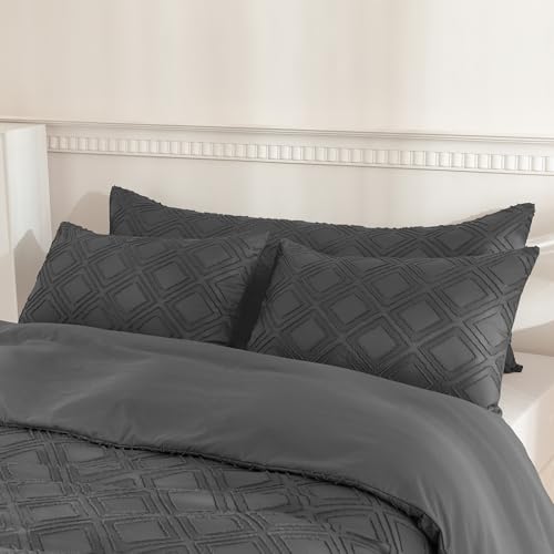 JELLYMONI Pillowcases King Size Grey 2 Pack Boho Plaid Bed Pillow Covers 20x36in Polyester Envelope Pillow Shams Tufted Bohemian Textured (Pillows are not Included) - color: 01 - Grey - Grid, size: 36" x 20" (Pack of 2)