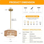 12.4"Farmhouse Chandelier for Dining Room, 1-Light Boho Rattan Chandelier Light Fixture Ceiling Hanging with Fabric Lampshade, Small Wicker Coastal Pendant Light for Kitchen Bedroom Island Hallway - size: 12.4″Fabric