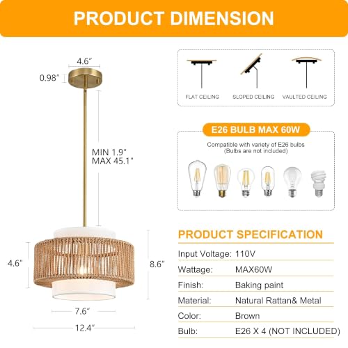 12.4"Farmhouse Chandelier for Dining Room, 1-Light Boho Rattan Chandelier Light Fixture Ceiling Hanging with Fabric Lampshade, Small Wicker Coastal Pendant Light for Kitchen Bedroom Island Hallway - size: 12.4″Fabric