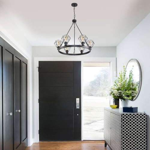 Wagon Wheel Chandelier Modern Farmhouse Pendant Light,Black Farmhouse Chandelier, 6-Light Wagon Wheel Chandelier with Adjustable Height, Dining Room Light Fixture, Hanging Lights - color: B