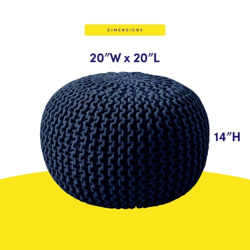 Pouf Ottoman Foot Rest Stuffed – 20” Diameter x 14” Tall Cozy Floor Pouf for Living Room, Bedroom, Nursery & More – 100% Cotton Knit Shell, EPS Bead Filled Footrest & Accent Chair, Navy Blue - color: Navy Blue