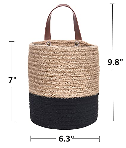 Wall Hanging Storage Baskets - Small Cotton Rope Woven Closet Storage Bins-Shelf Basket Organizer for Plants, Towels,Toys - 6.3" x 7" (Jute & Black) - color: Jute & Black