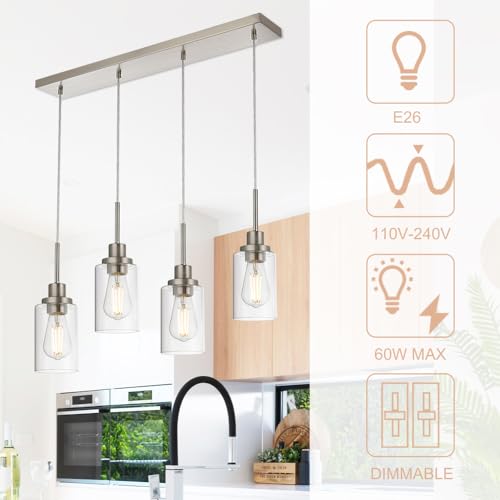 4-Lights Pendant Light Fixtures, Modern Brushed Nickel Kitchen Island Lighting with Clear Glass Shade, Adjustable Hanging Ceiling Lamp - color: Brushed Nickel, size: 4-Light