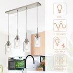 4-Lights Pendant Light Fixtures, Modern Brushed Nickel Kitchen Island Lighting with Clear Glass Shade, Adjustable Hanging Ceiling Lamp - color: Brushed Nickel, size: 4-Light