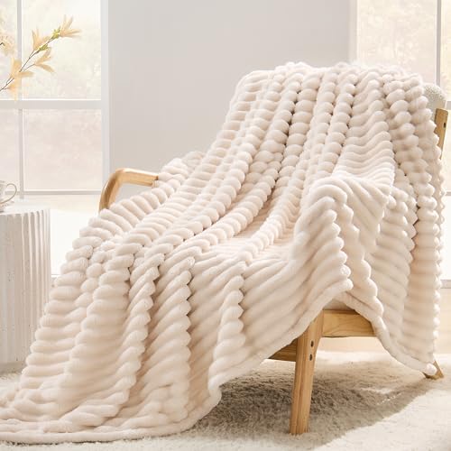 Cream Striped Throw Blanket, 330GSM Soft Plush Fleece Blanket for Couch Sofa Travel, Decorative Cozy Giftable Home Blanket, 50x60 Inches - color: Cream, size: Throw(50"x60")