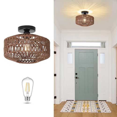 Boho Rattan Light Fixtures, Dimmable Ceiling Light with LED Bulb, Hand Woven Rattan Chandelier for Bedroom, Living Room, Entryway (Dark Brown) - color: Dark-Brown