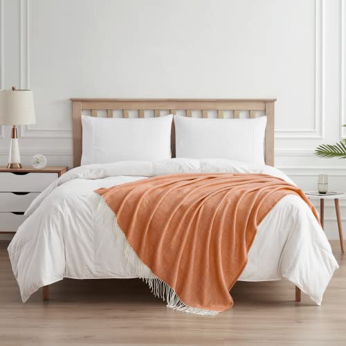 BOURINA Decorative Herringbone Faux Cashmere Fringe Throw Blanket Lightweight Soft Cozy for Bed or Sofa Farmhouse Outdoor Throw Blankets, 50" x 60" Orange - color: Orange, size: 50"x60"